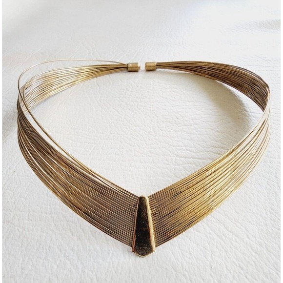 Vintage Gold Tone Wire Choker V  Collar Necklace Multi Layered Wire Choker - Picture 2 of 5